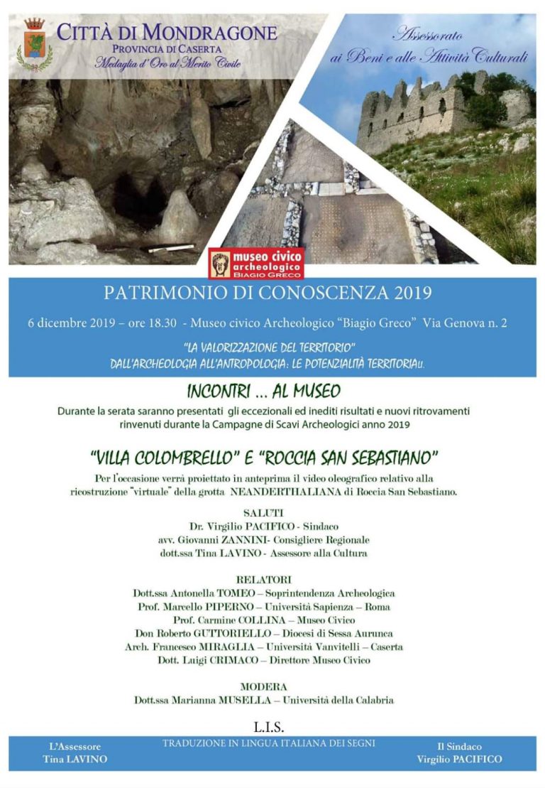 MONDRAGONE- “VALORIZZAZIONE DEL TERRITORIO: DALL’ARCHEOLOGIA ALL’ANTROPOLOGIA”, QUESTA SERA AL MUSEO B.GRECO.