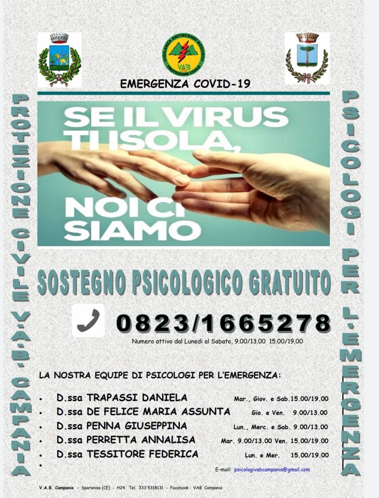Cellole/Pignataro Maggiore, Comuni e V.A.B. avviano il servizio di sostegno psicologico gratuito