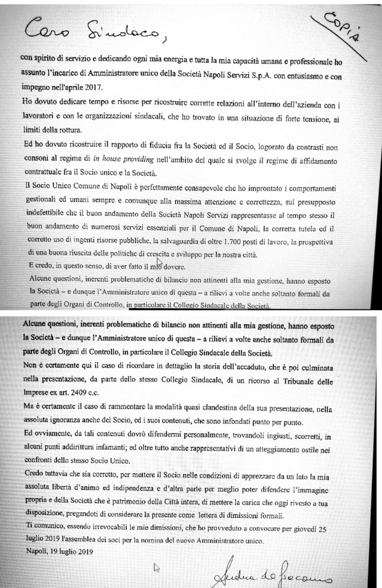 LETTERA DIMISSIONI DI ANDREA DE GIACOMO, AMMINISTRATORE UNICO NAPOLI