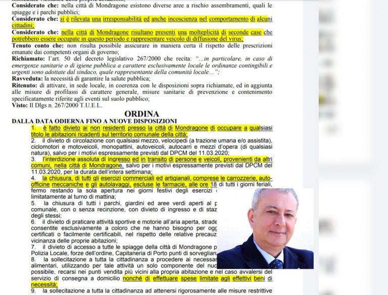 MONDRAGONE- COVID-19, ORDINANZA DEL SINDACO VIRGILIO PACIFICO.