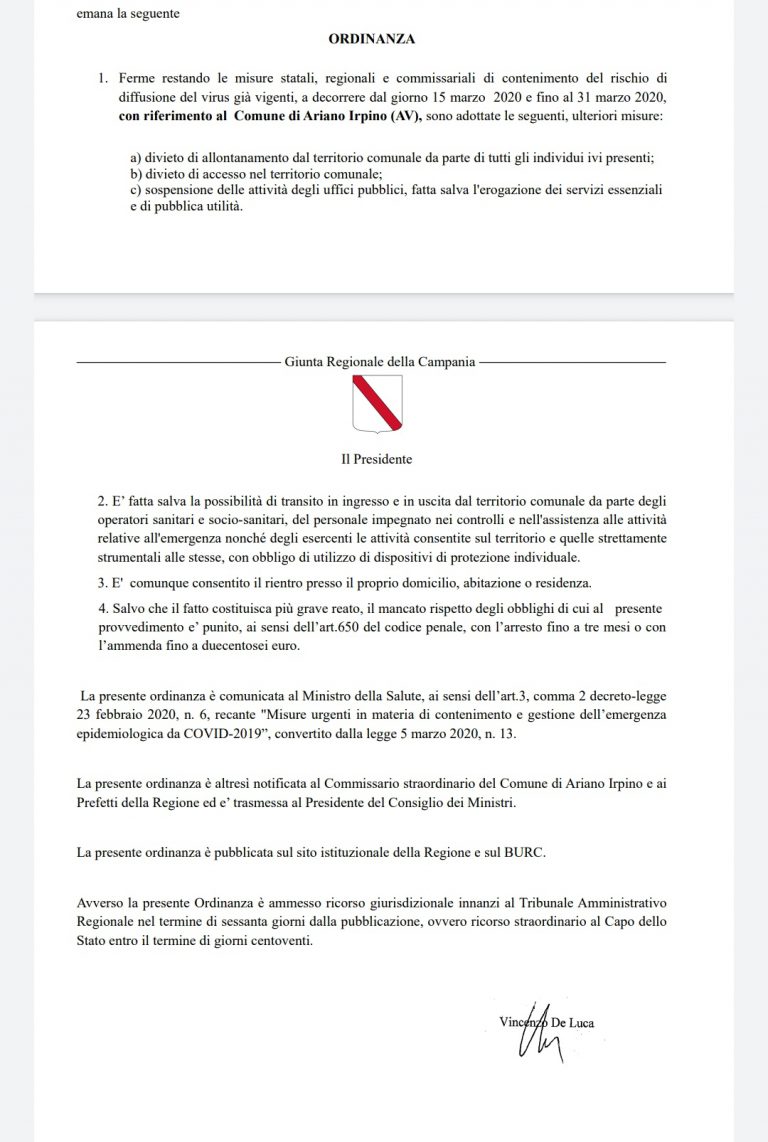 CORONAVIRUS, DISPOSIZIONI PER IL COMUNE DI ARIANO IRPINO