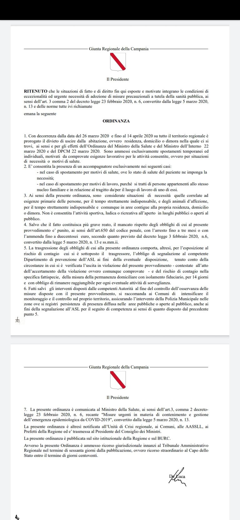 Coronavirus, De Luca: proroga divieti fino al 14 aprile.