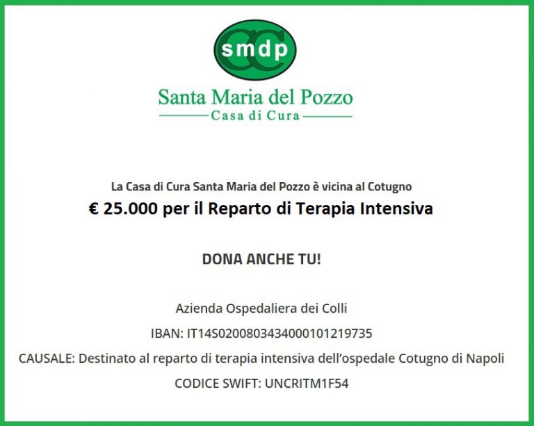 Emergenza coronavirus, dalla casa di cura Santa Maria del Pozzo una donazione al Cotugno